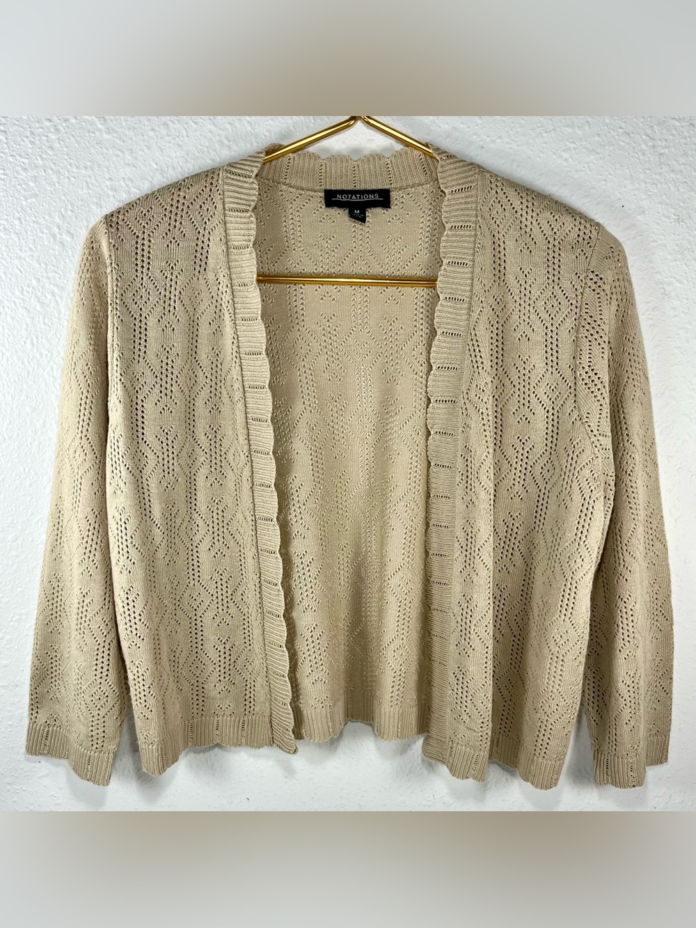Notations Cropped Pointelle Knit Open Front Cardigan Beige Size M 3/4 Sleeve
